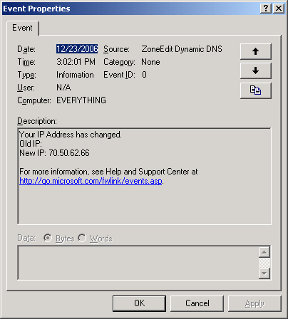 Event Log Sample of ZoneEdit Dynamic DNS Update on Initial Startup