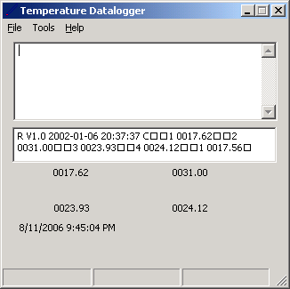 Snapshot of VB.NET app.  Top textbox displays any errors encountered, the lower textbox display what has been received from the QK145.