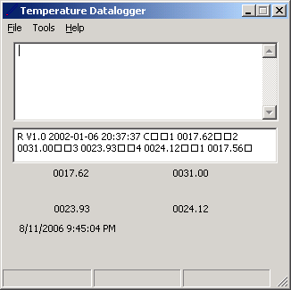 Snapshot of VB.NET app. Top textbox displays any errors encountered, the lower textbox display what has been received from the QK145.